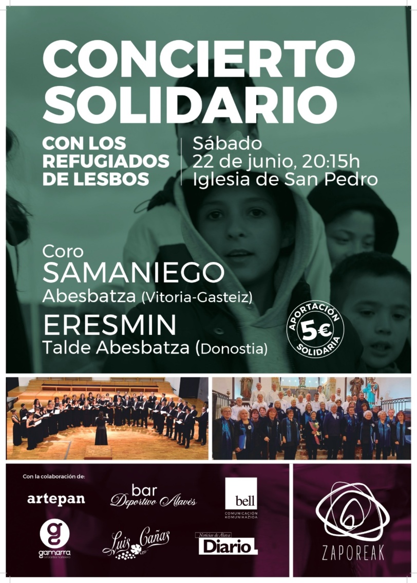 Concierto solidario Coro Samaniego y Coro Eresmin (Donostia), sábado 22 de junio en la Iglesia de San Pedro, de Vitoria-Gasteiz, a las 20:15.