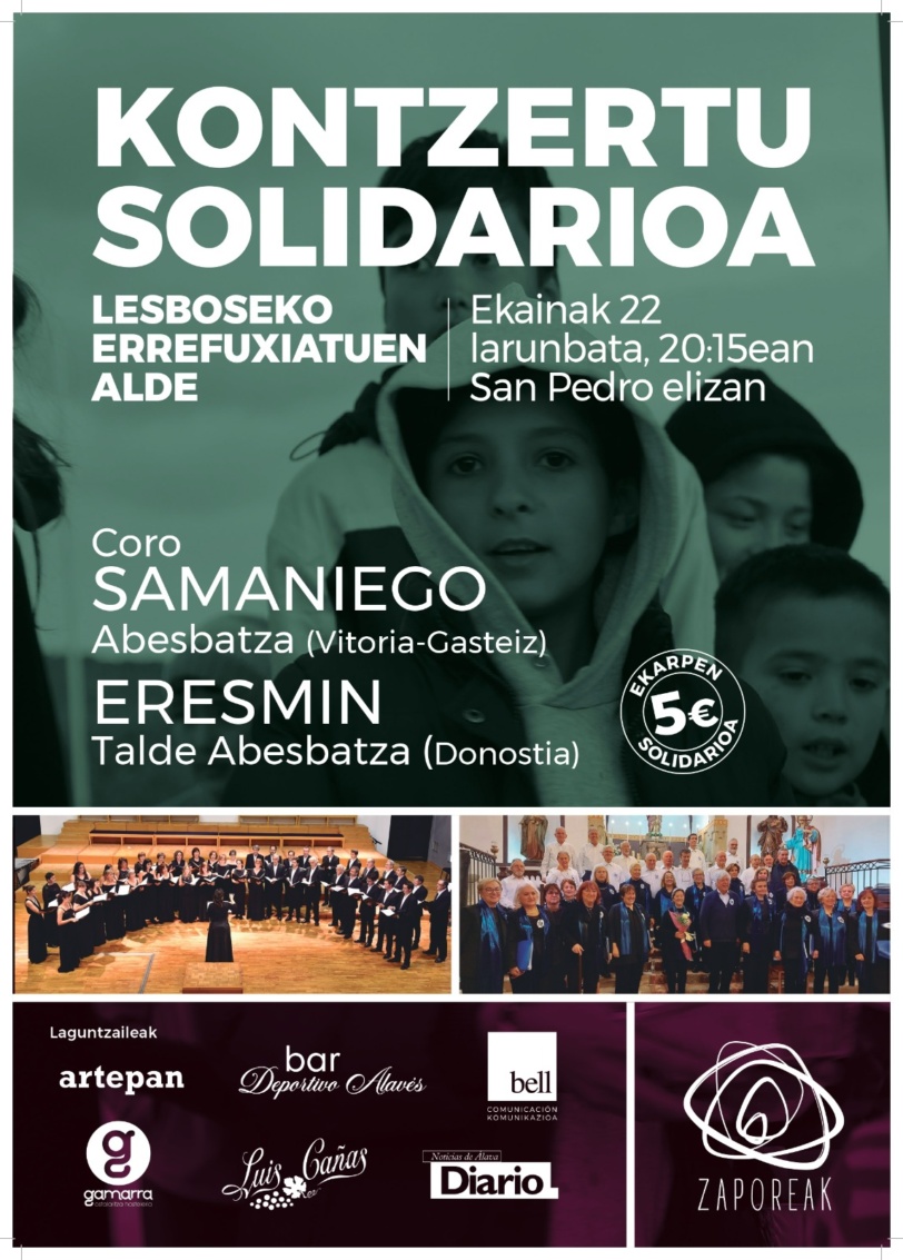 Concierto solidario Coro Samaniego y Coro Eresmin (Donostia), sábado 22 de junio en la Iglesia de San Pedro, de Vitoria-Gasteiz, a las 20:15.