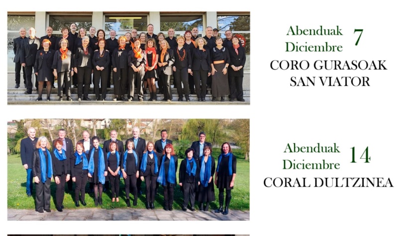 Conciertos de Navidad organizados por La cofradía Amigos de San Prudencio, con el Coro Dultzinea + Coro Gurasoak San Viator + Coro Manuel Iradier, sábados 7, 14 y 21 de diciembre en la Basilica de Armentia