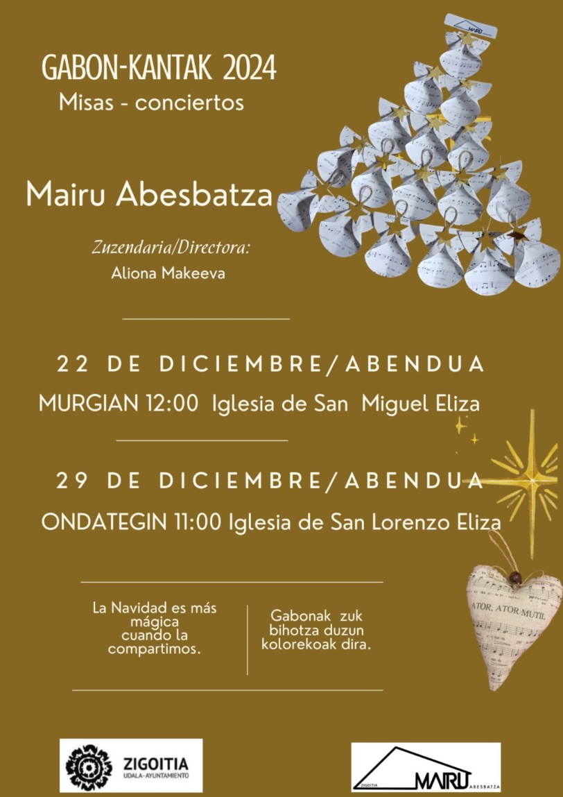 MAIRU ABESBATZA próximo domingo 29 diciembre, a las 11:00 horas, en la Iglesia de San Lorenzo (Ondategi).