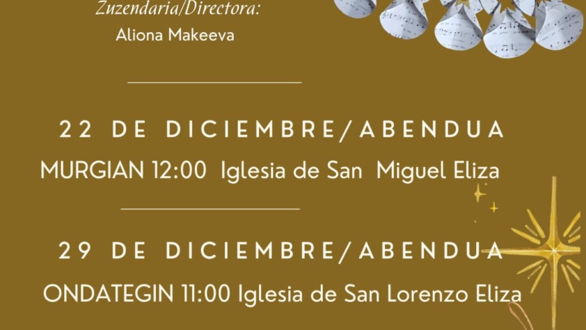 MAIRU ABESBATZA próximo domingo 29 diciembre, a las 11:00 horas, en la Iglesia de San Lorenzo (Ondategi).